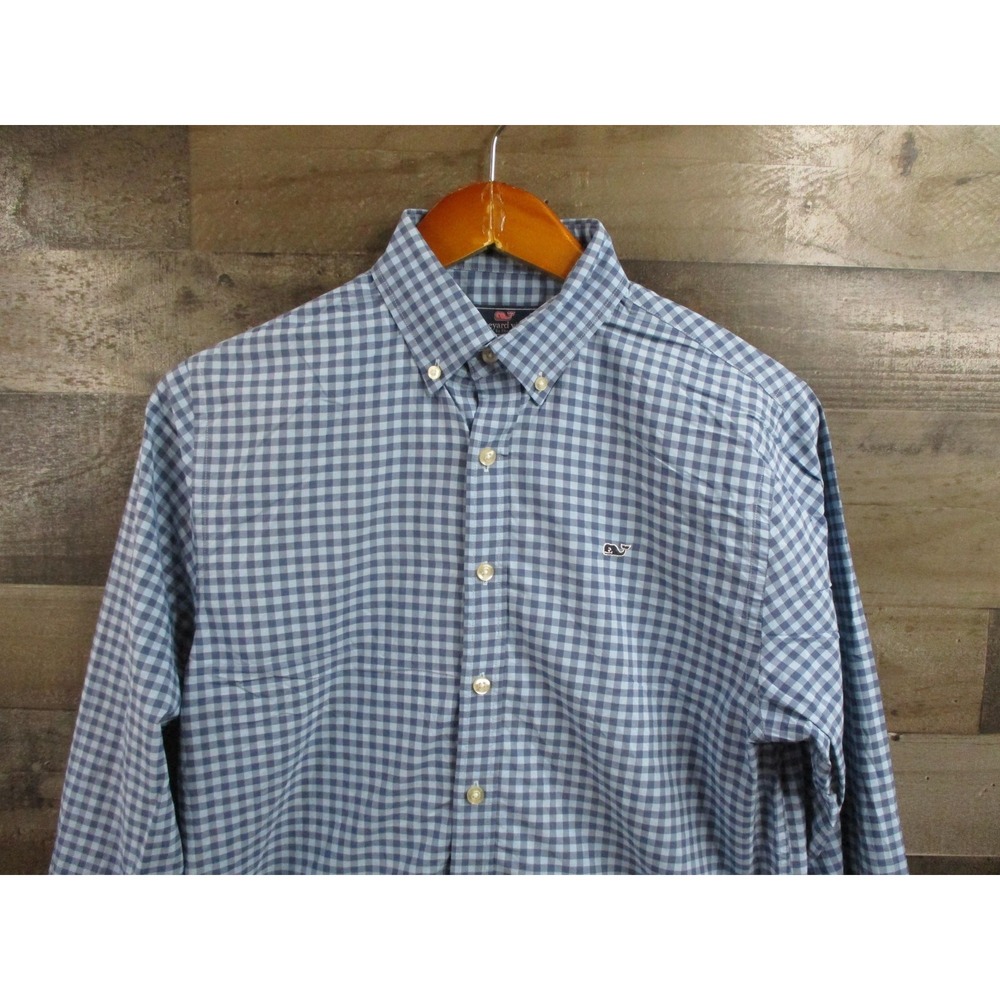 Vineyard Vines Shirt Boys XL 18 Blue Gingham Check Whale Button Down Long Sleeve